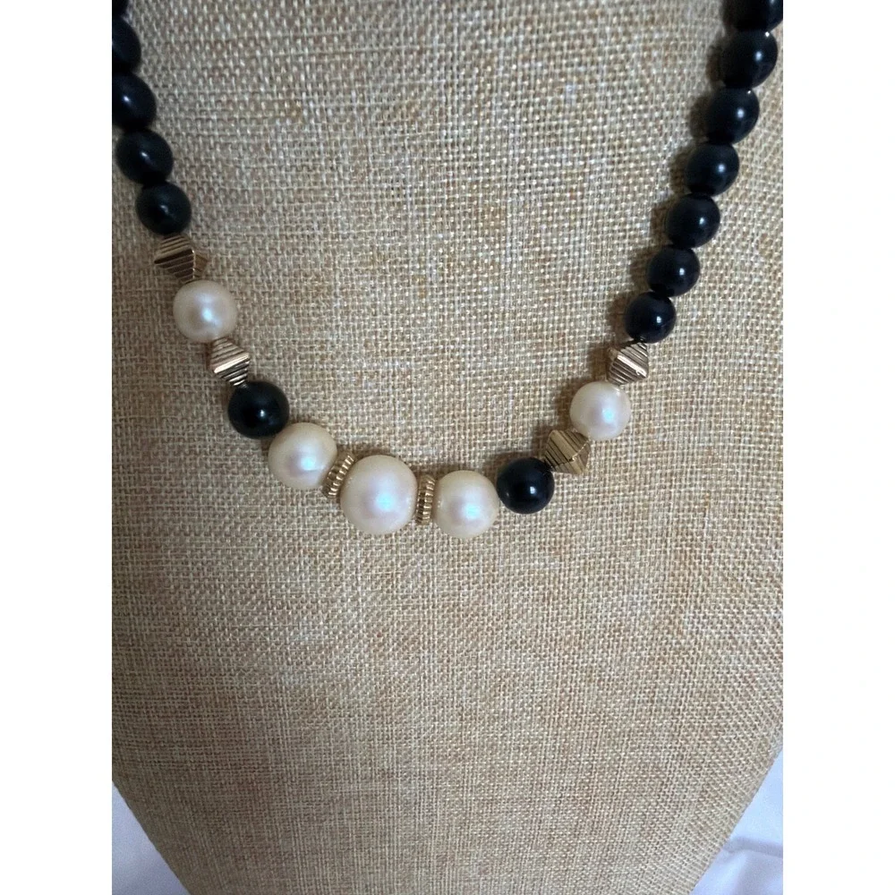 1928 Jewelry Black Bead and Faux Pearl Gold Tone Statement Necklace Elegant‎